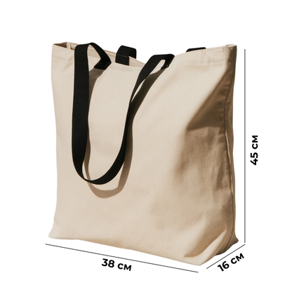 Premium 220 g/m² Heavy-Duty Cotton Tote Bag – 45x38 cm with 16 cm Base, Black Handles & Inner Zippered Pocket, Eco-Friendly Reusable Shopping Bag